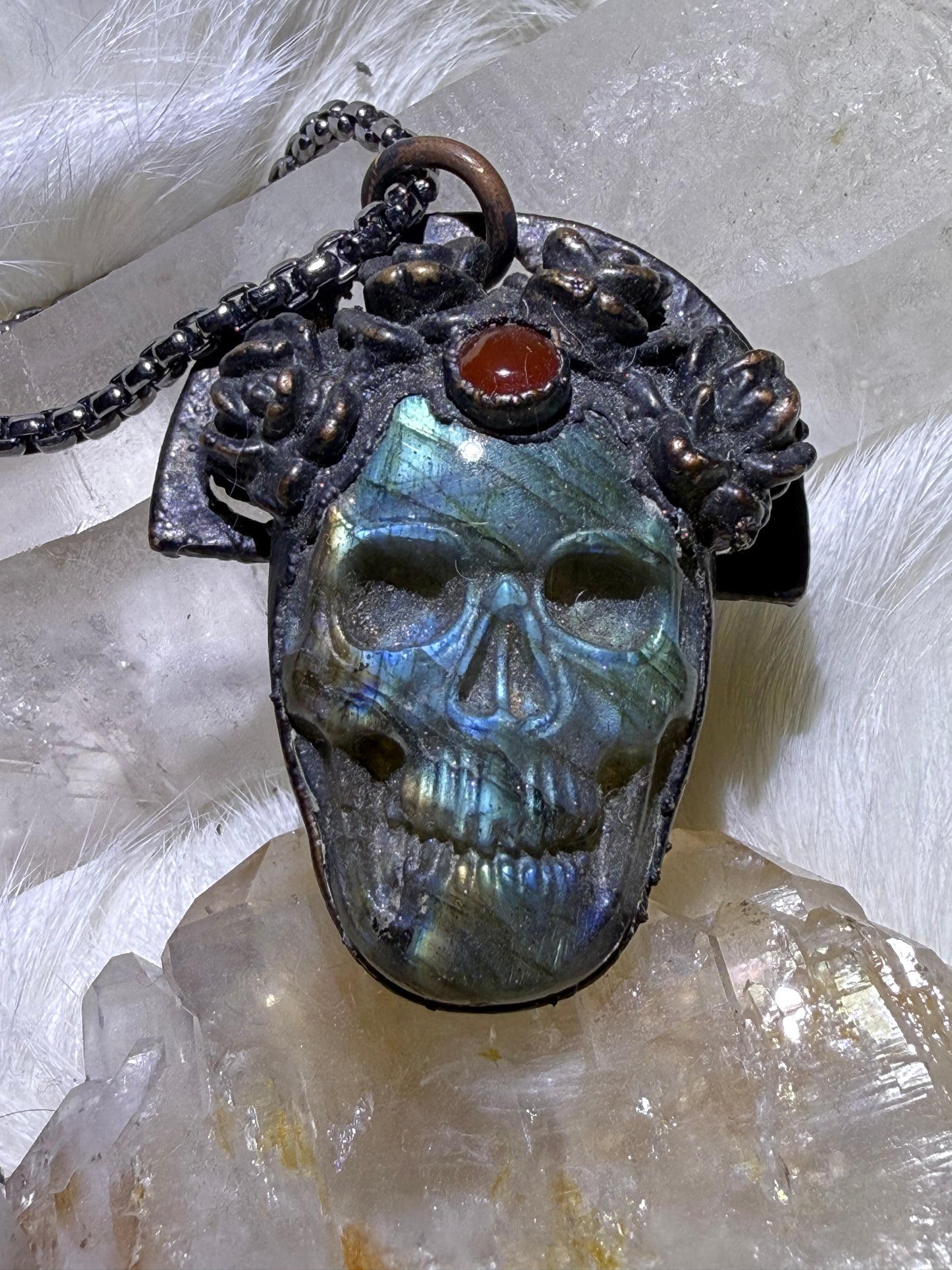 Labradorite Skull with Rose Crown
